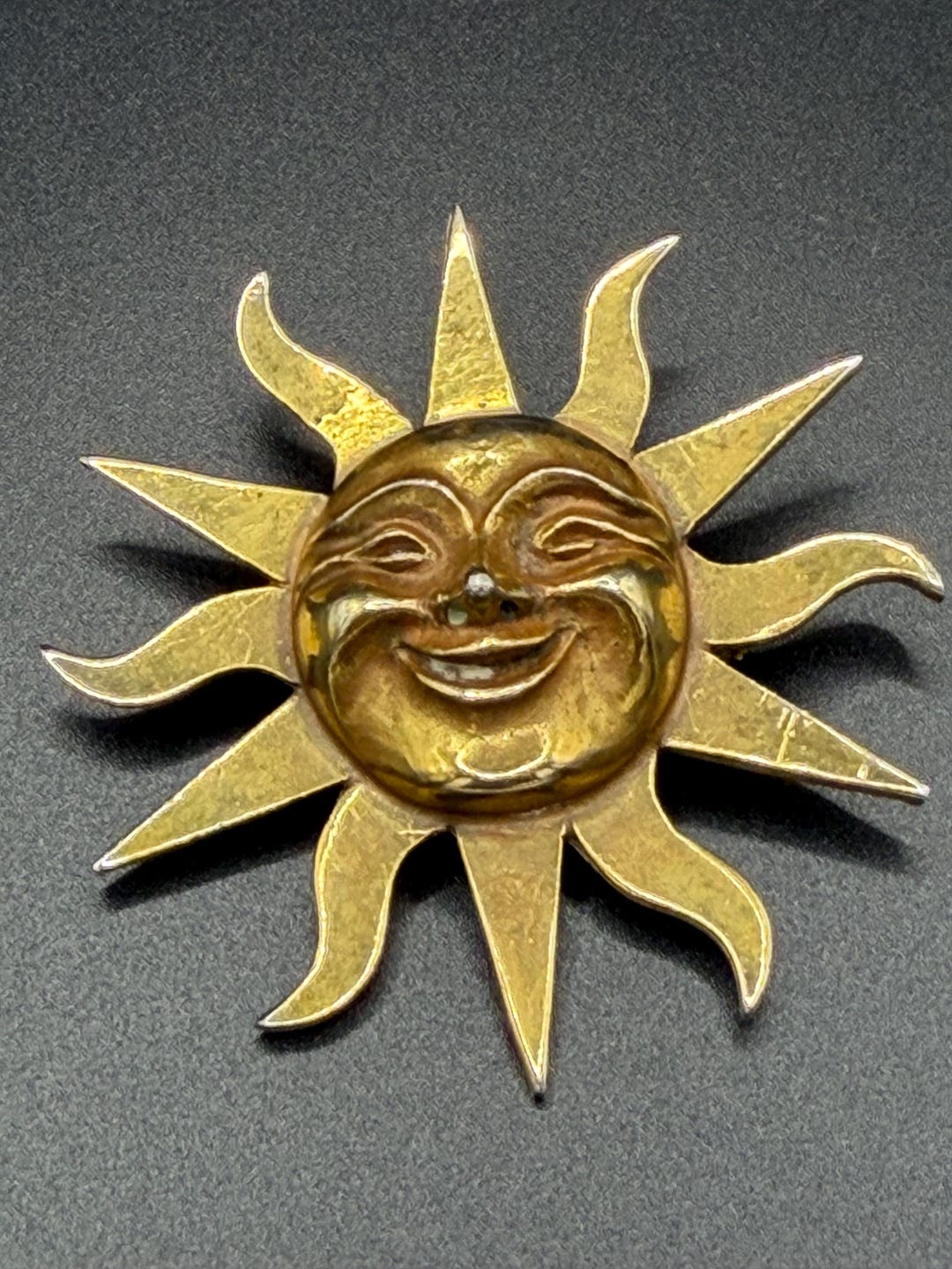 Sun Face Pin Vintage Alva Studios Sun Face Brooch Gold Tone Celestial Smiling Sun ...