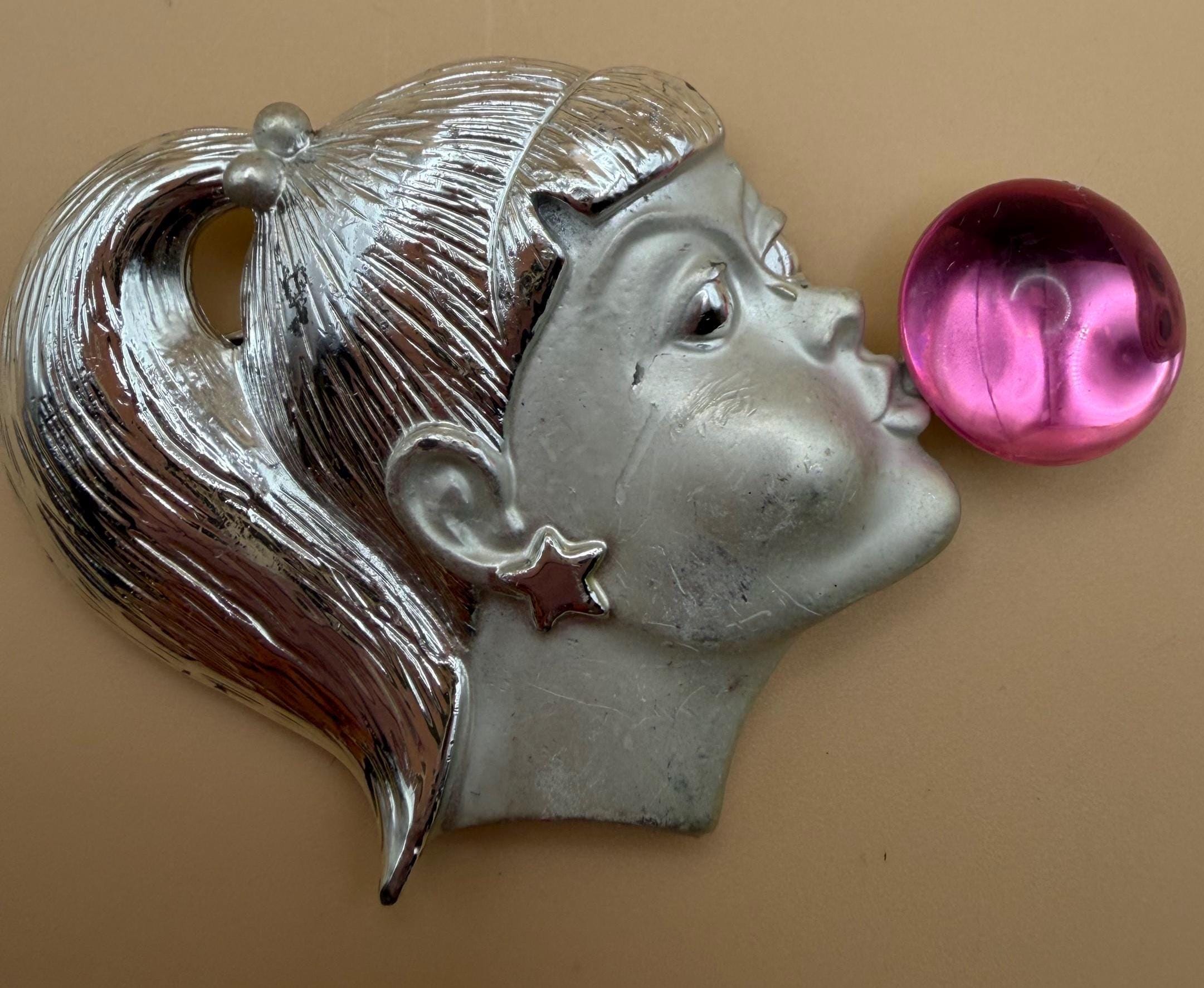 AJC Girl Blowing Bubble Brooch Silver Tone Pink Bubble Ponytail
