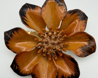 Vintage Orange Black Enamel Flower Brooch Metal Floral Pin