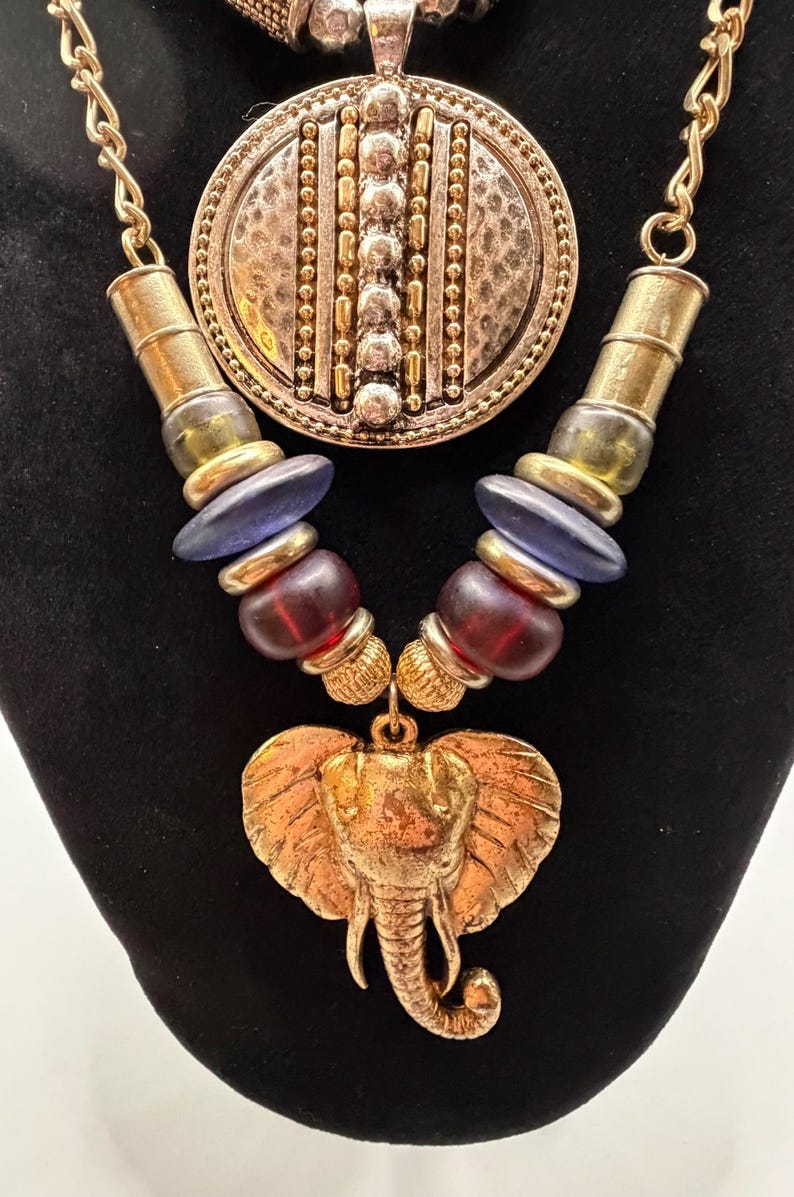 Ruby Rd Necklace Set Gold Tone Elephant Pendant & Multi Strand ...