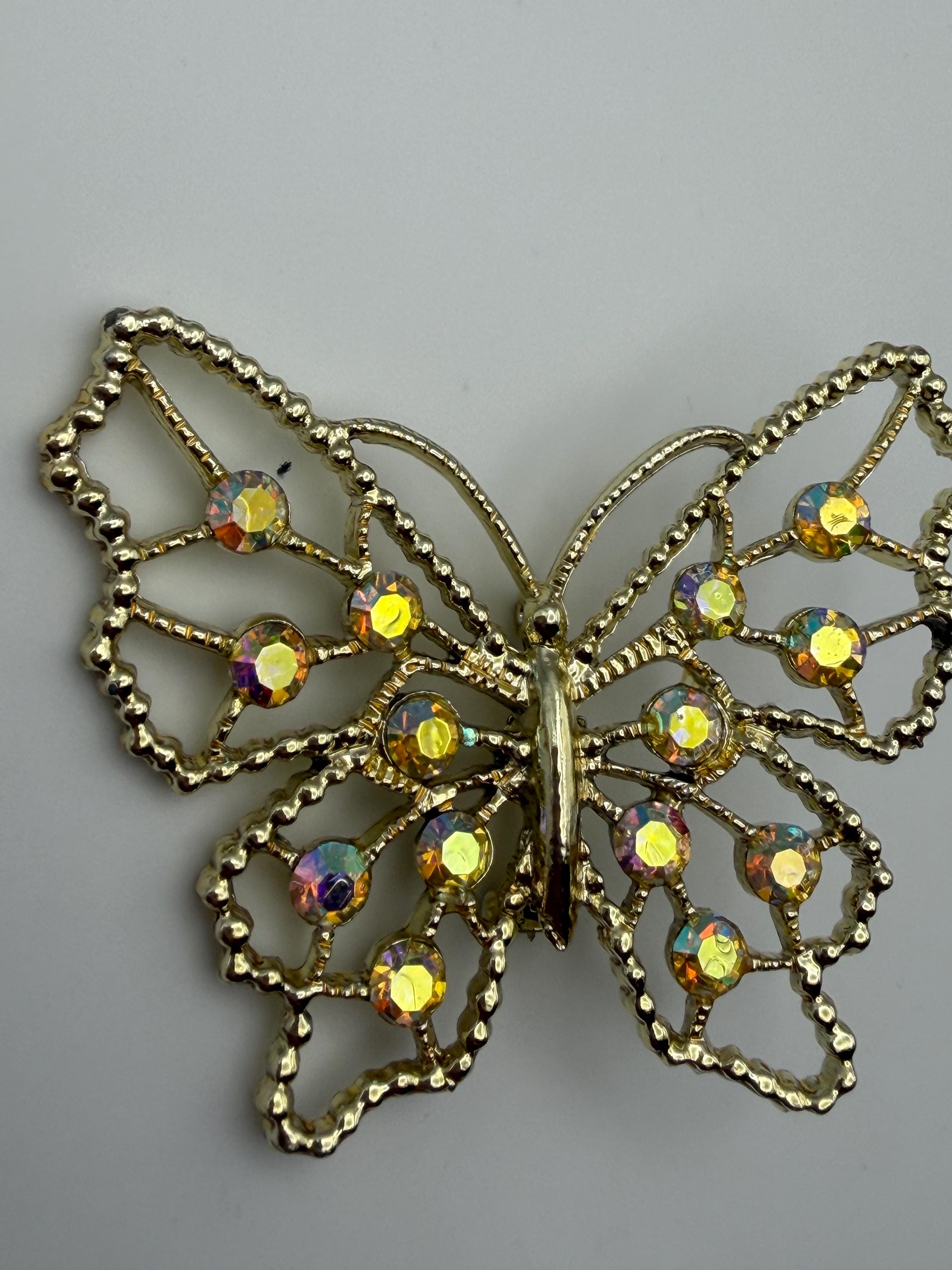 Large Vintage Style Butterfly Barrette - Gold Tone Filigree with Aurora Borealis Bold design, vintage style, and a cameo centerpiece — what  main image 2