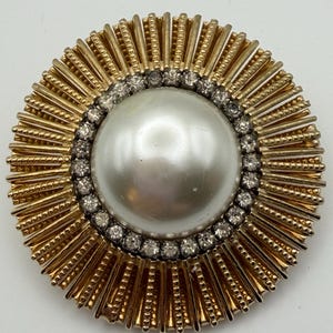 Vintage Capri Gold Tone Starburst Brooch Faux Pearl Rhinestone Statement Pin