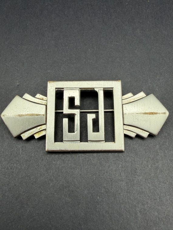 Vintage Monocraft Silver Tone Art Deco Monogram Brooch Initials SJ Pin