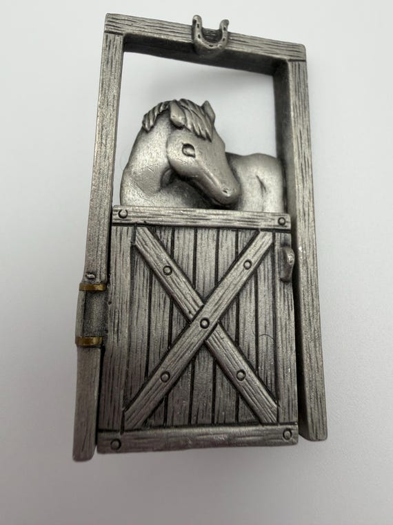JJ Horse Stable Brooch: Opening Barn Door, Mare and Foal Scene, Pewter Tone Jewelry