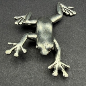 May include: A silver-toned metal frog figurine depicted in a crawling position. The frog features a smooth, rounded body with four splayed legs, each ending in distinct, wide, webbed toes. The surface has a matte, metallic finish.