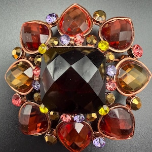 DELL’OLIO Copper Tone Rhinestone Statement Brooch Ruby Red Amber Multi Color Pin