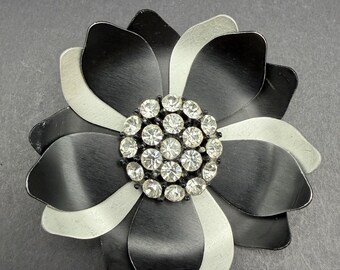 Vintage Black and Silver Metal Flower Brooch with Rhinestone Center