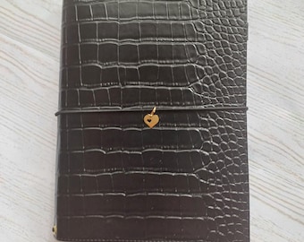 Agenda personalizada de cocodrilo negro, libreta de viaje de piel vegana, hecha a mano, en diferentes tamaños.