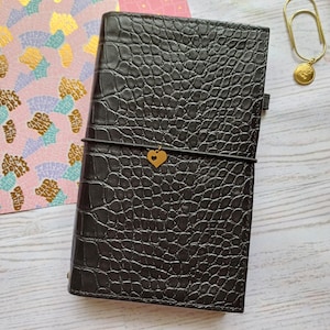 Black Crocodile Leather Planner, Vegan Leather Fauxdori, Traveler Notebook, Handmade Planner, A5, A6 Leather Notebook, 2025 Agenda