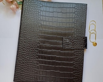 Portadocumentos de negocios, portafolios de cuero negro, organizador de anillas A4, agenda vegana de piel de cocodrilo A4, funda de piel de cocodrilo negra