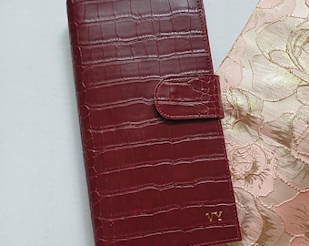 Cuaderno de piel vegana color burdeos, cuaderno de viaje con estampado de cocodrilo, agenda personalizada, tapa blanda, 2 recambios.