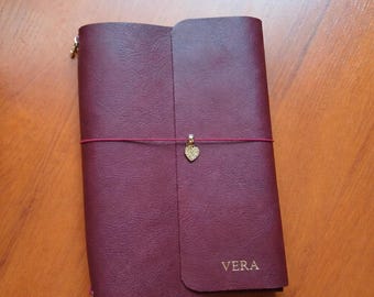 Cuaderno de viaje de piel auténtica, diario de piel color burdeos, incluye 4 recambios.