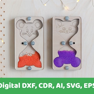 May include: Two wooden hourglass-shaped frames with a mouse and cat design. The mouse frame has orange beads inside and the cat frame has purple beads inside.