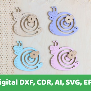May include: Four wooden snail shapes with a ladybug design. The snails are in different colors: natural wood, light blue, light pink, and lavender.  The snails are designed for a child's toy or craft project.  Digital DXF, CDR, AI, SVG, EPS.