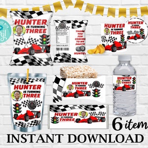 May include: A set of six printable party favour labels featuring a chequered racing flag design with a red race car and a boy's photo. The labels say "Hunter is turning three".