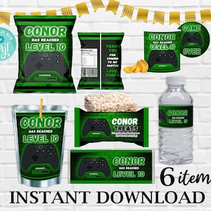 Gamer verjaardag bundel, bewerkbare groene gamer verjaardagsset, gamer verjaardag bundel 6 items, gamer verjaardag bundel sjabloon, Instant Download