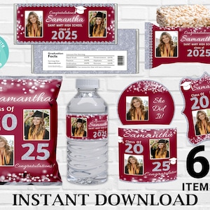 May include: A set of 6 graduation party decorations featuring a red and silver color scheme with a glitter background. The decorations include a chip bag, water bottle label, favor tag, cake topper, and two different sized circle stickers. The text on the decorations says "Congratulations Samantha, Saint Mary High School, Class of 2025".