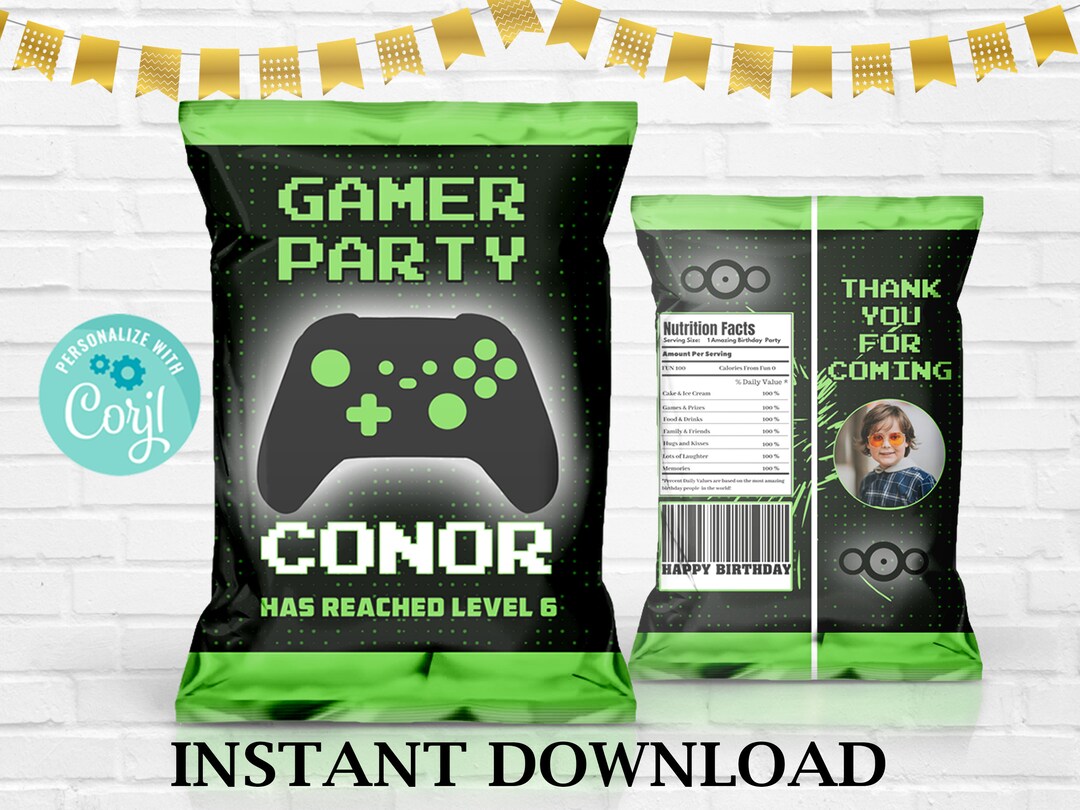 Video Game Chip Bag, Editable Gamer Chip Bag, Gamer Birthday Party, Gamer Printable, Green Game
