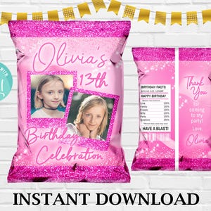 Saco de batatas fritas rosa, modelo de batatas fritas editável, saco de batatas fritas rosa editável para aniversário, festa temática de aniversário rosa, modelo de aniversário rosa para imprimir, download instantâneo