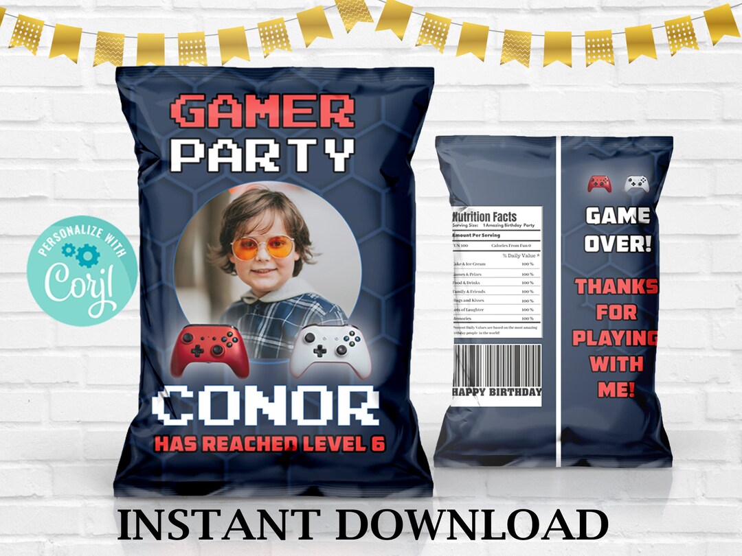 Video Game Chip Bag, Editable Gamer Blue Chip Bag, Gamer Blue Birthday
