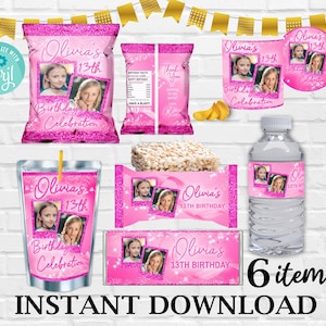 May include: Pink and white printable party favor labels with glitter and a girl's photo. The labels say "Olivia's 13th Birthday Celebration".