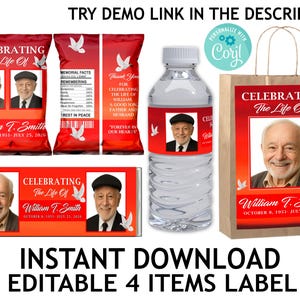 Memorial 4 items Bundle, Editable Funeral Chip Bag, Funeral Water Label, Funeral Gift Bag Label, Funeral Candy bar Label, Red Clouds