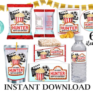 May include: A set of six movie-themed party supplies featuring popcorn, film reels, and clapperboards. Items include a chip bag, a water bottle label, a candy bar wrapper, a juice pouch, a circular sticker, and a snack box, all personalized with the text Hunter Happy 8th Birthday.