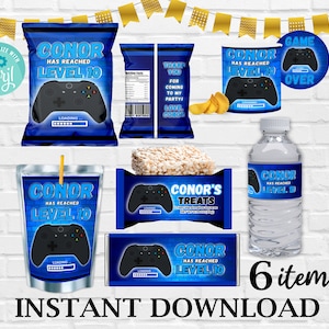 Gamer verjaardag bundel, bewerkbare gamer blauwe verjaardag set, gamer verjaardag bundel 6 items, gamer verjaardag bundel sjabloon, Instant Download