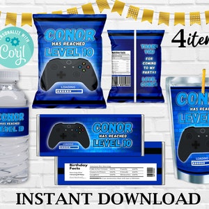 Gamer verjaardag bundel, bewerkbare gamer verjaardag 4 items set, gamer verjaardag partij bundel blauw, gamer verjaardag set blauw, Instant Download