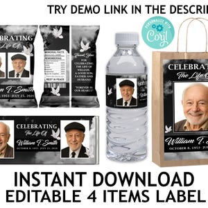 Editable Memorial Label Bundle: Chip Bag, Water Bottle, Gift Bag, Candy Bar (Instant Download)