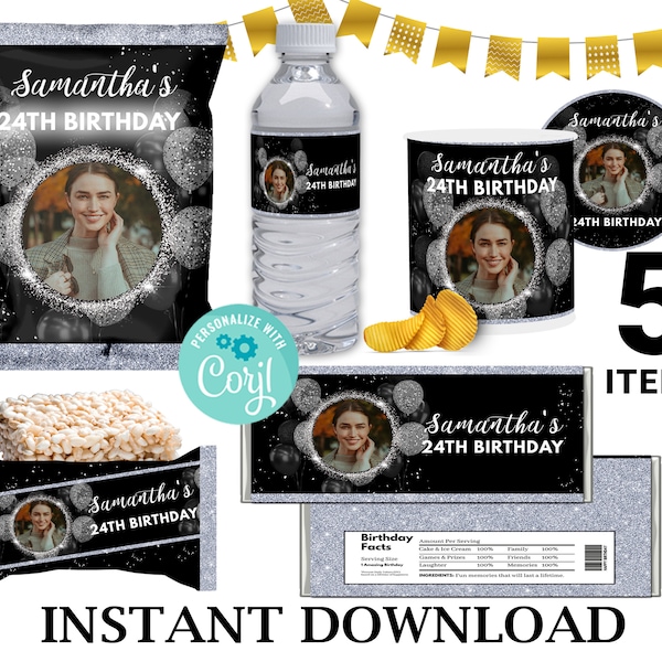 Black & Silver Birthday Party Bundle: Editable Label Set (Instant Download)
