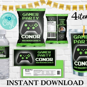 Gamer partij bundel, bewerkbare gamer 4 items set, videogame verjaardagsfeestje, gamer partij bundel, gamer groene partij bundel, Instant Download