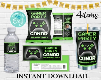 May include: A set of four printable party favor labels featuring a green and black video game controller design. The labels say "Gamer Party" and "Conor Has Reached Level 6". The labels are for a water bottle, a juice box, a bag of chips, and a thank you tag.