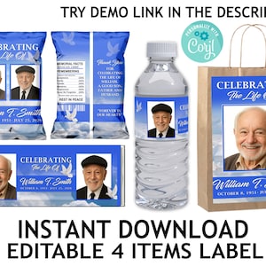 Memorial 4 items Bundle, Editable Funeral Chip Bag, Funeral Water Label, Funeral Gift Bag Label, Funeral Candy bar Label, Funeral 4 Item Set