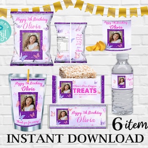 May include: A set of six printable party favor labels featuring a purple and white butterfly theme with glitter accents. The labels include a personalized message, "Happy 7th Birthday Olivia", and a photo of a girl. The labels are designed for use on juice boxes, water bottles, snack bags, and rice krispie treats.