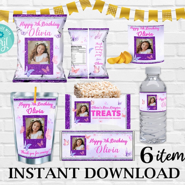 Butterfly Party Bundle, Butterfly Birthday Set, Editable Butterfly Bundle Template, Butterfly 6 items Bundle labels, Instant Download