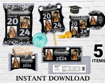 Graduation Party Favor Bundle, Silber und Schwarz Leckerei 5 Artikel Set, bearbeitbare Grad Vorlage
