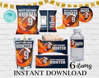 May include: Printable party decorations for a football-themed birthday party. The set includes a water bottle label, snack bag labels, a juice box label, a favor bag label, and a round sticker. The labels feature a football with flames and the text "Happy Birthday Hunter 9".