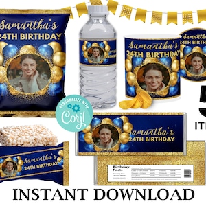 May include: A set of 5 printable party decorations for a 24th birthday. The decorations feature a blue and gold colour scheme with a photo placeholder. The set includes a crisp bag, a water bottle label, a favour bag label, a chocolate bar wrapper, and a birthday facts card.
