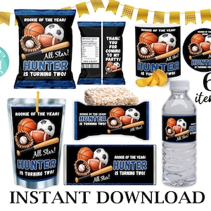 May include: A set of six sports-themed party supplies featuring a basketball, soccer ball, football, and baseball glove graphic. The items include labels for chip bags, juice pouches, candy bars, and water bottles, all printed with the text Hunter is turning two.