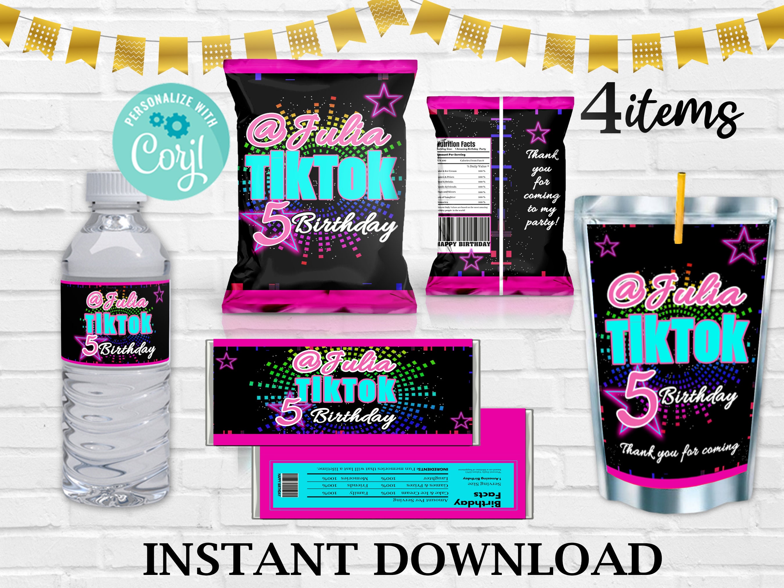 Pacchetto per feste di compleanno TikTok: set di etichette modificabili (download digitale)