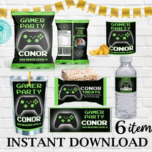 Videogamefeestbundel, bewerkbare gamerverjaardagsset, gamerverjaardagsbundel, gamer groene verjaardagsbundel, Instant Download