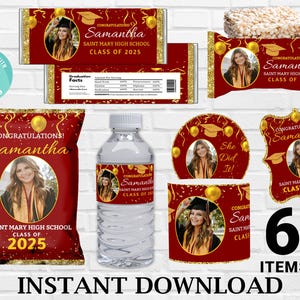 May include: A set of 6 graduation party favor labels featuring a red and gold design with confetti and a gold graduation cap. The labels include the text "Congratulations! Samantha" and "Saint Mary High School Class of 2025".