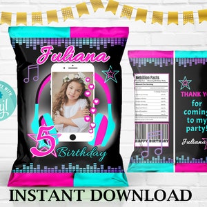 May include: Black and pink birthday party favor bag with a photo of a girl wearing a flower crown. The bag features a smartphone graphic with headphones, musical notes, and the name "Juliana". The text "5 Birthday" is also visible.