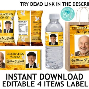 Memorial 4 items Bundle, Editable Funeral Chip Bag, Funeral Water Label, Funeral Gift Bag Label, Funeral Candy bar Label, Gold Clouds
