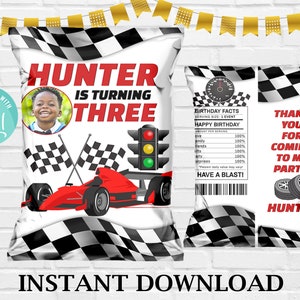 Sacchetto di patatine per compleanno a forma di auto da corsa modificabile: bomboniera stampabile (download immediato)