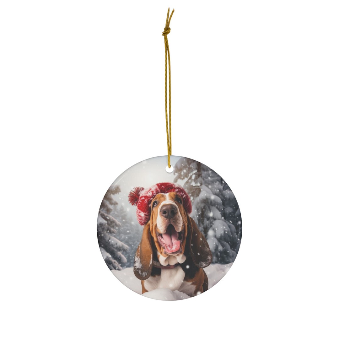 Basset Hound Christmas Tree Circle Ceramic Ornament, Perfect Gift, for