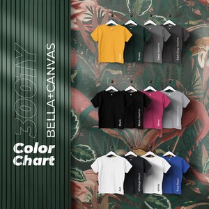 Bella canvas 3001Y Efecto de patrón, carta de colores, archivos editables completos, carta de maquetas de camisetas para impresión bajo demanda, carta de colores impresa