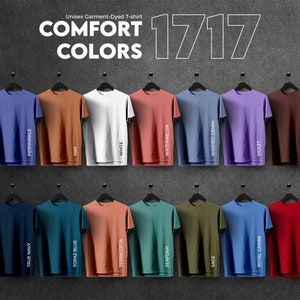 Tabela de cores Comfort Colors 1717, arquivos totalmente editáveis, tabela de maquete de camisetas para impressão sob demanda, tabela de cores para impressão