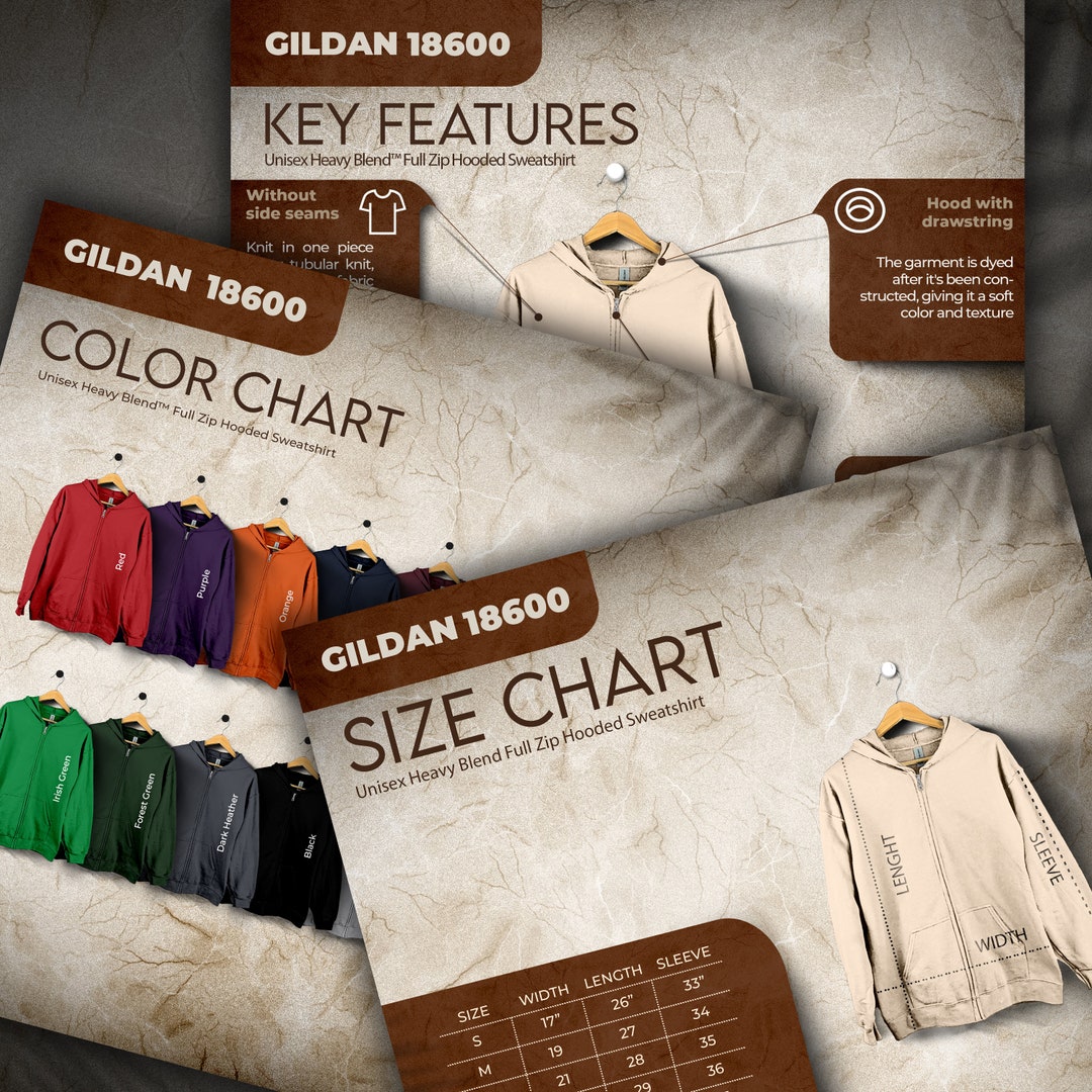Gildan 18600 Size Chart and Color Chart, Key Features Listing Files ...